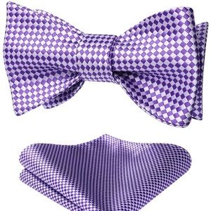 Men's Purple Plaid Self Tie Bow Tie Pocket Sq Set